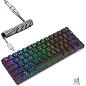 61 60% Mechanical Gaming Keyboard with Coiled , 2.4Ghz//Wired,   Mini Keyboard 61 , RGB Hot-Swappable Red ,  Design - Black