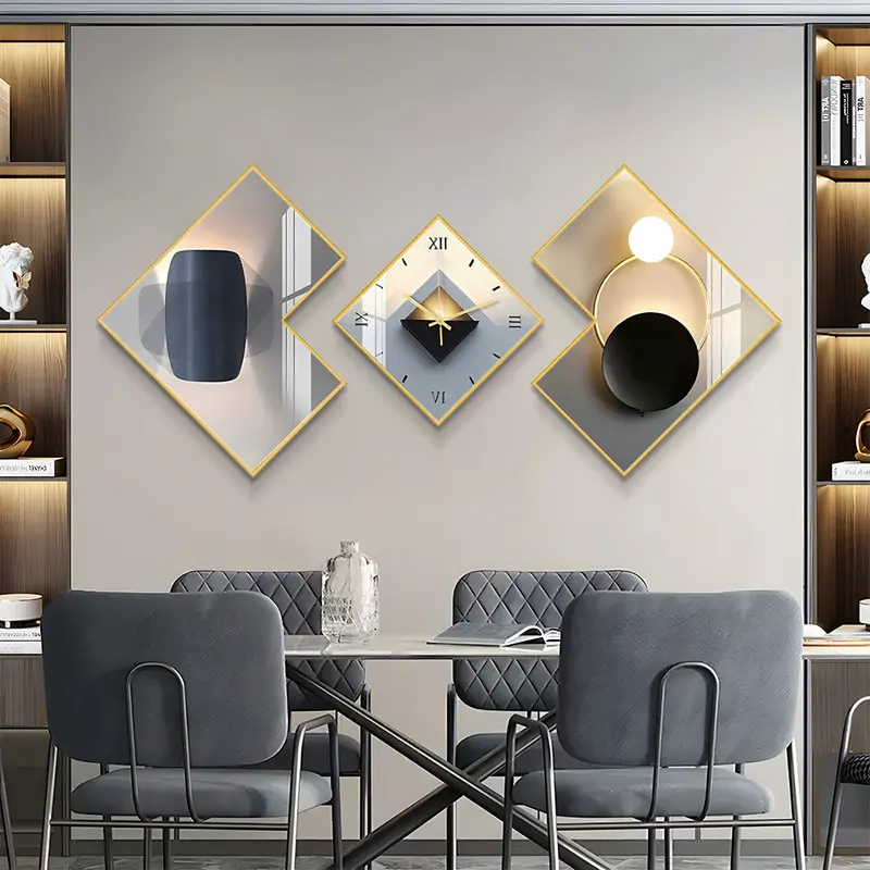 3pcs Large Geometric Statement Analog Wall Clock Set - Aluminium Light Luxury Metal Frame, Silent Movement, Ceramic Crystal-Clear Look, Easy Installation, Decorative House Decor for Living Room Office