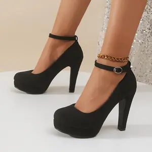 Fashionable Womens Platform Sky-High Heel Pumps - Secure Ankle Straps for All-Match Style - Glamorous Evening Dress Shoes in Timeless Black