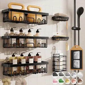 Shower Rack Set of 6, Advanced Rust-Resistant Design, No Drilling Adhesive Shelves, Soap Holder, Large Capacity Bathroom Storage Cabinet