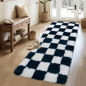 Checkered Fluffy Runner Rugs 2x6 Fluffy Fuzzy Shag 2x6 Runner Rug for Hallyway Non-Slip Ultra Soft Checkered Fluffy Rugs for Girls Kids Room Shag Plush Rug for Teen Room Decor Bedroom