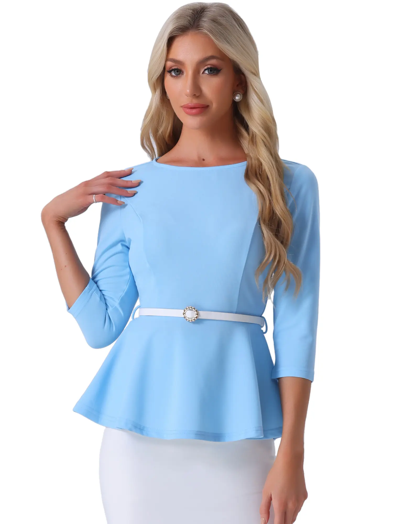 INSPIRE CHIC 3/4 Sleeve Belted Elegant Peplum Blouse Top