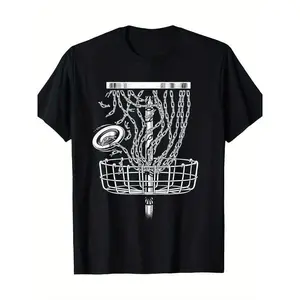 Disc Golf T-Shirt Black Flying Disc Basket Design Outdoor Sports