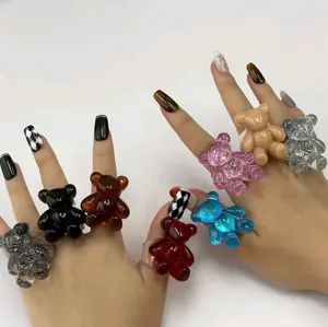 Fun Transparent Bright Resin Bear Ring Accessories Jewelry Women Gifts in Various Colors and Designs