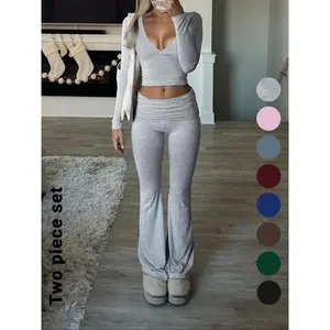 Elegant Casual V-Neck Long Sleeve Two-Piece Set, Slim-Fit Crop Top & Pants for Fall Winter, Moderate Fabric, Plain Color Design Clothes Womenswear Oversized Navy Sweatshirt and Sweatpants Lace Ruched Sweet Camisole Christmas Family Matching Pajama