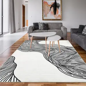 5x7 Area Rugs Washable Rug Non Slip Modern Rug Soft Faux Wool Carpet Indoor Contemporary Stripes Rugs Non Shedding Black White Print Carpet for Bedroom Living Room Dining Room Office Cream