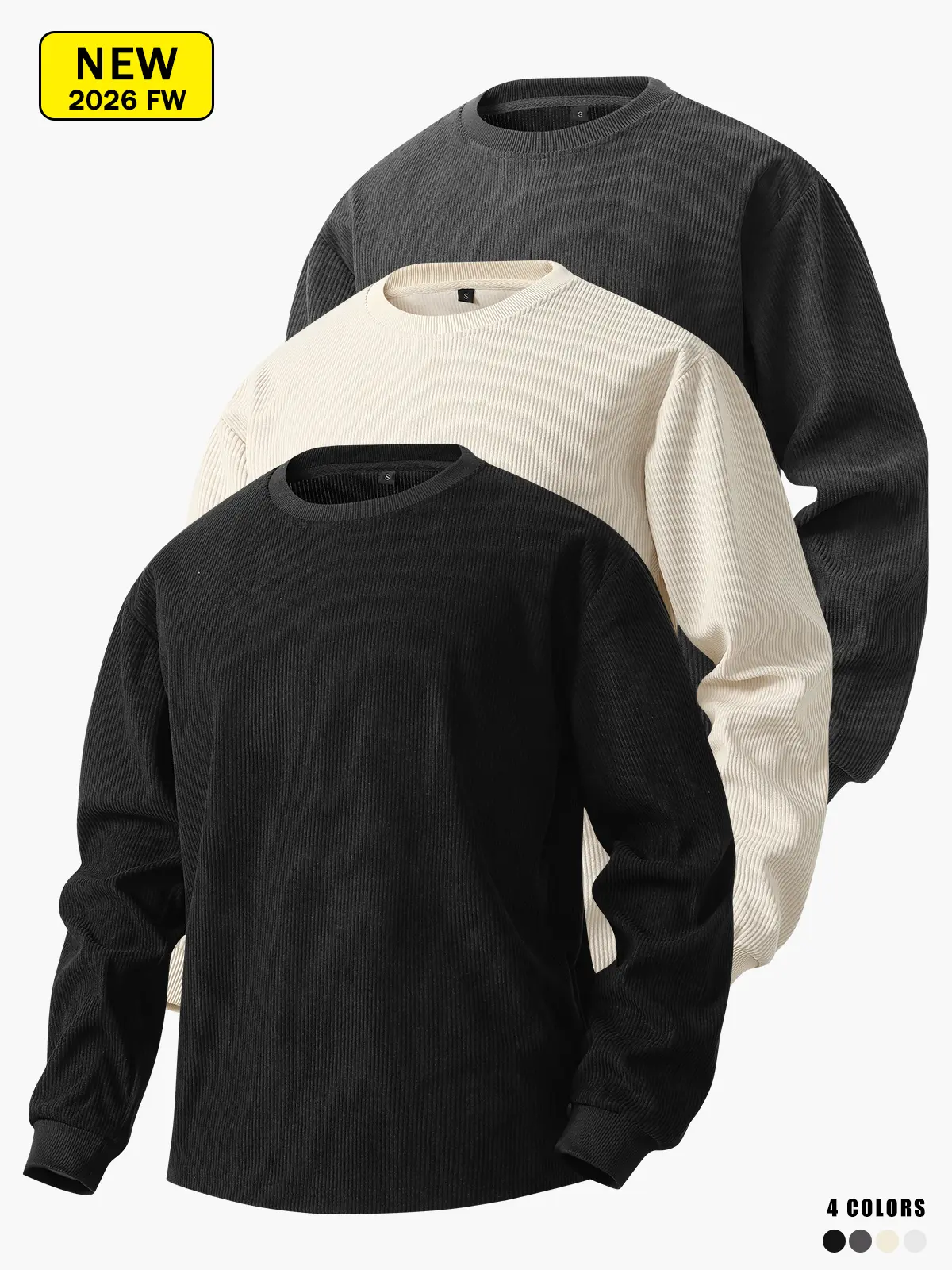Men’s corduroy crewneck sweatshirt for spring and autumn, loose drop-shoulder fit, soft, breathable, warm, and comfortable.