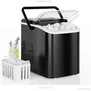 Countertop Ice Maker with Handle, 26lbs/24H Portable Ice Machine, 9 Bullet Ice Cubes Ready in 6 Mins, Self-Cleaning, Quiet Compact Ice Maker for Home,, RV, Camping, BlackASageLiving27PulseTrail5CCCloutCart22