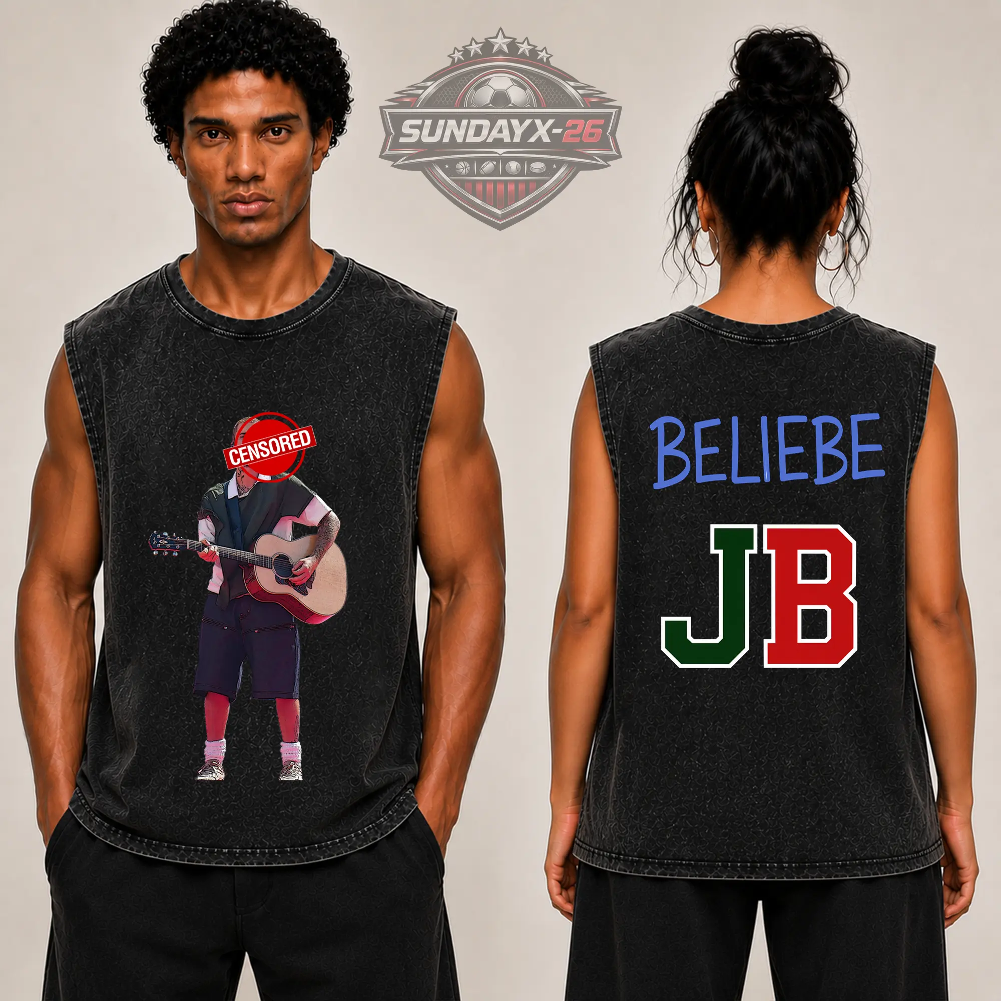 [X-26] Beliebe 'Halftime Show'  Graphic Premium Acid Washed Tank-Top (Made in US), Soccer Fans Fits High Quality 100% Cotton Sleeveless Shirt, Beliebers Fans Outfit, Gift for Soccer Fans, Boyfriend