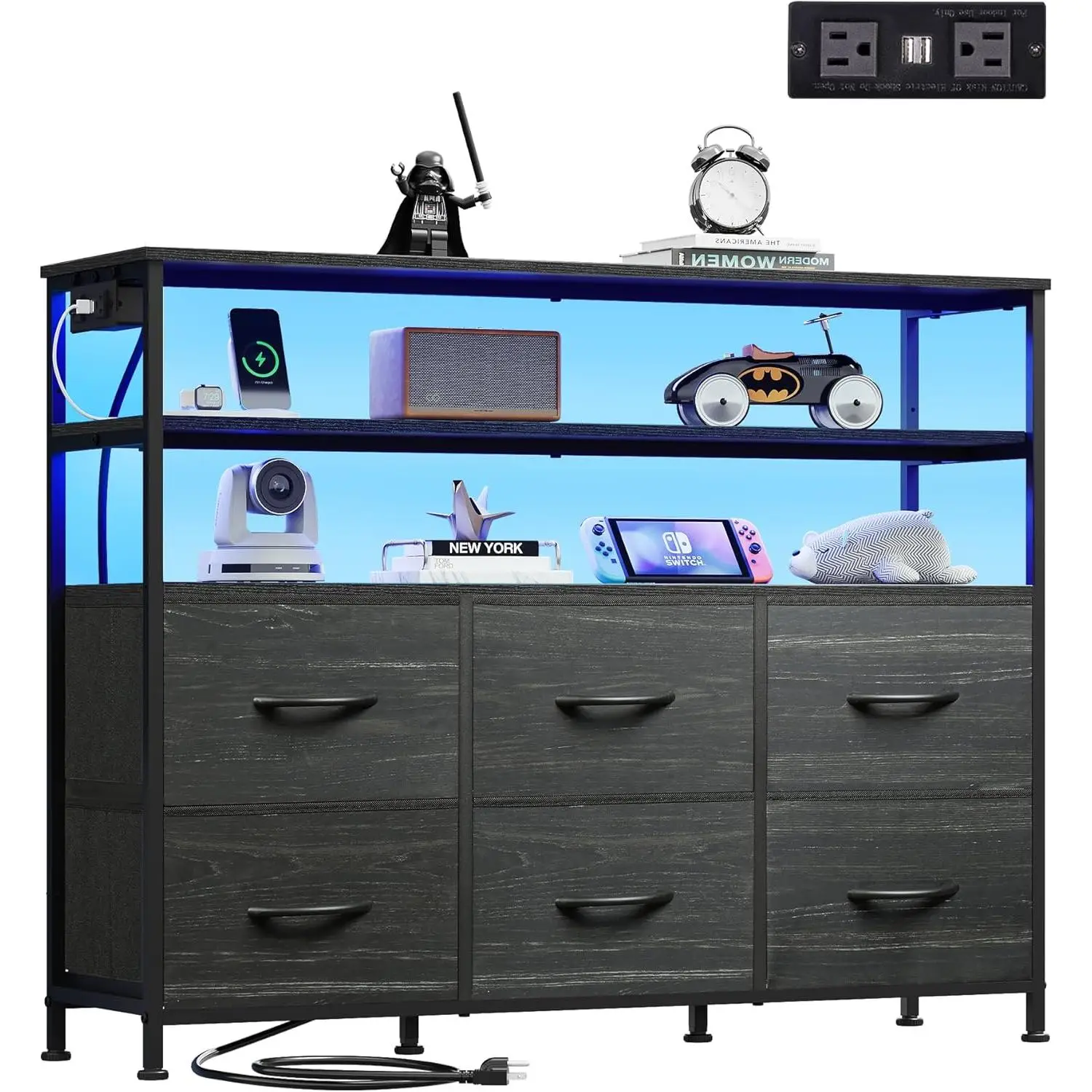 WLIVE Dresser for Bedroom, 6 Drawer Dressers with LED Lights and Charging Station, Fabric Chest of Drawers with Open Shelves, LED Storage Dresser for