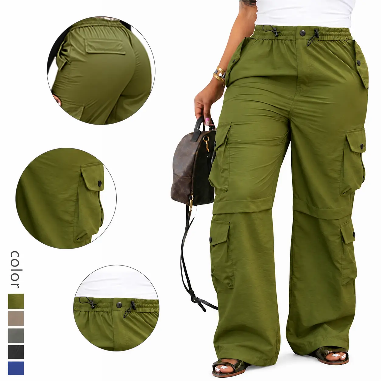Women’s Wide Leg Cargo Pants Plus Size Baggy Utility Pants with Elastic Waist Pockets