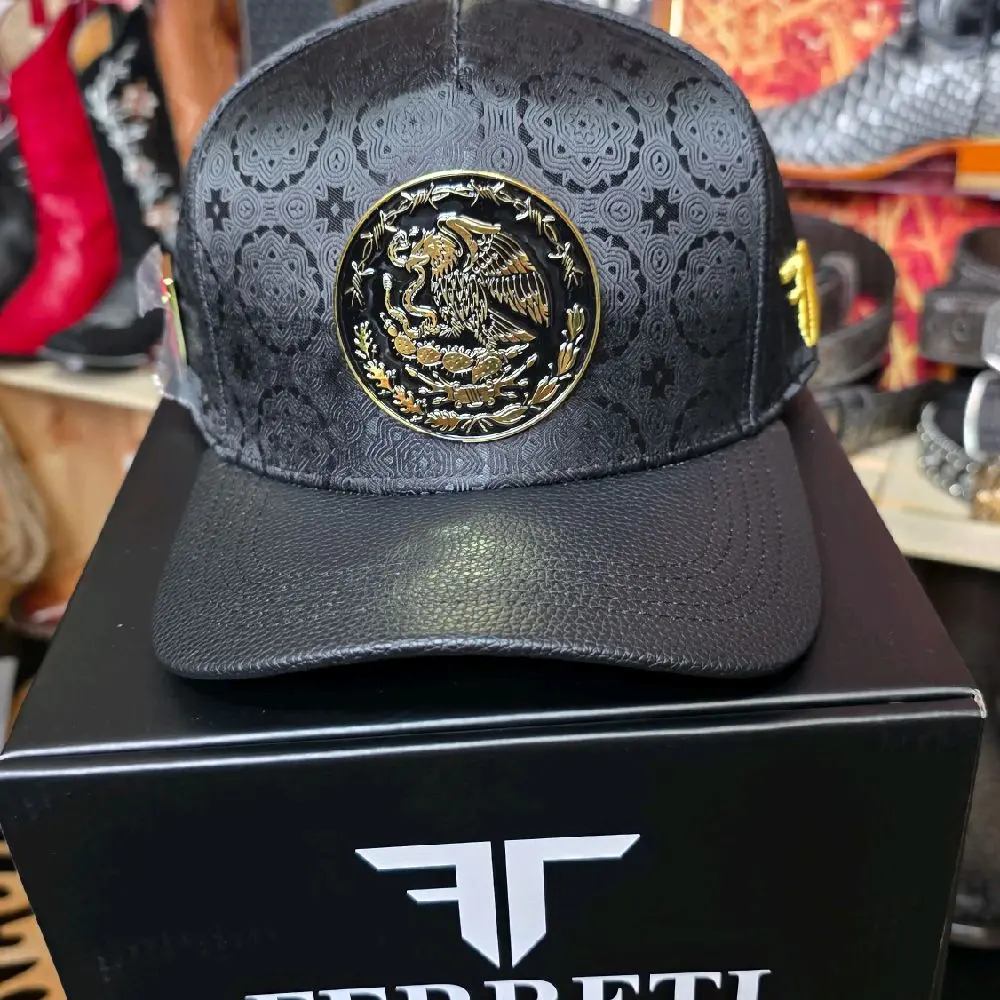 Ferreti Black Leather Snapback Hat with Gold Embroidered Eagle Emblem and Adjustable Back