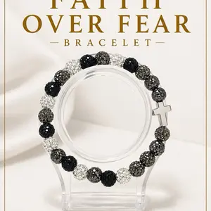 Faith Over Fear Collection Bracelet with Black and Silver Beads and Cross Charm