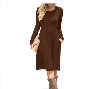 Women's Long Sleeve Pleated Swing T-Shirt Dress with Pockets, Knee-Length Casual Wear, Comfortable Stretchy Fabric, Round Neck Fall & Winter Womenswear