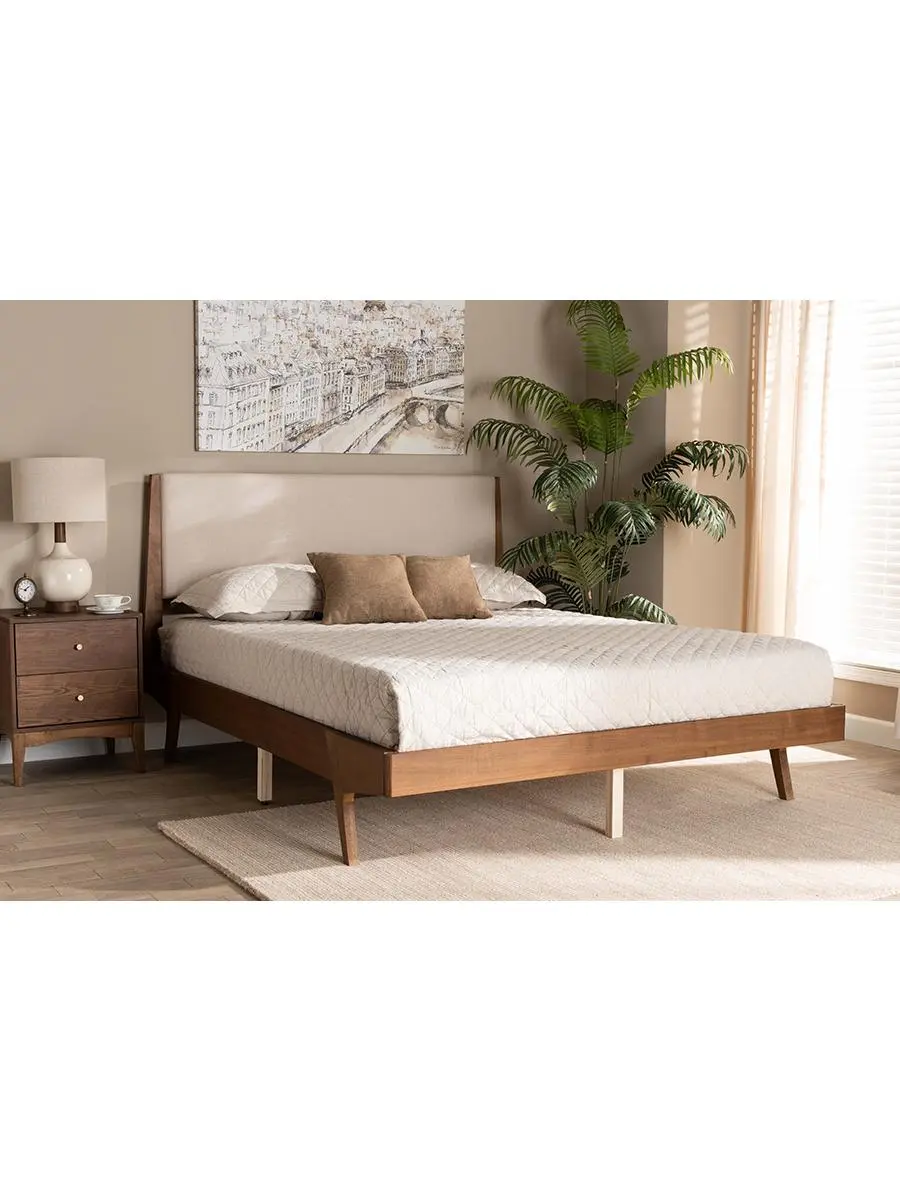 Baxton Studio Senna Upholstered Modern Cama - Mid-Century King-Size Wooden Platform Bed, Beige Fabric, Walnut Brown Finish, Angled Legs, 78" W, 81.1" D, 81.4"x83.2"x43.3" Dimensions (Model MG0008S-Beige-Walnut-King)