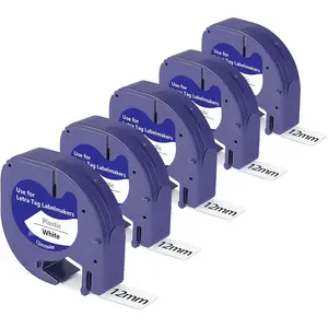 5-Pack White Plastic Label Tape Compatible with Dymo LetraTag Refills 91331, 12mm x 4m (1/2'' x 13') Replacement for Dymo Label Maker LT-100H LT-100T 100H Plus 200b QX50