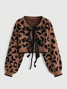 Women's Leopard Print Knit Sweater with Bow, Casual Fall & Winter Fashion, Long Sleeve Pullover for Ladies, Knitwear