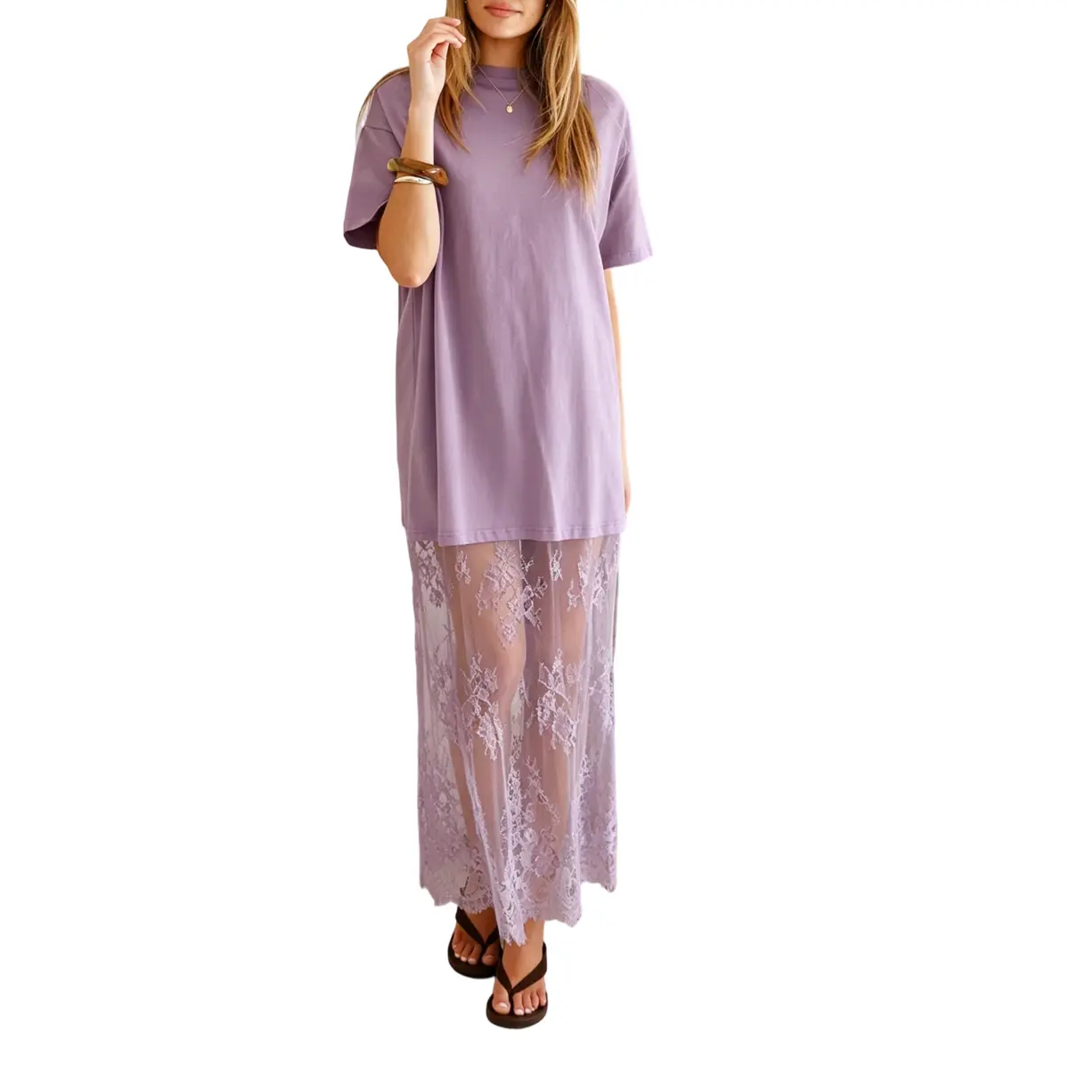 Mntaor Women's Oversized T-Shirt Maxi Dress with Sheer Lace Hem Drop  Shoulder Short Sleeve Perfect for Street Style - TikTok Shop