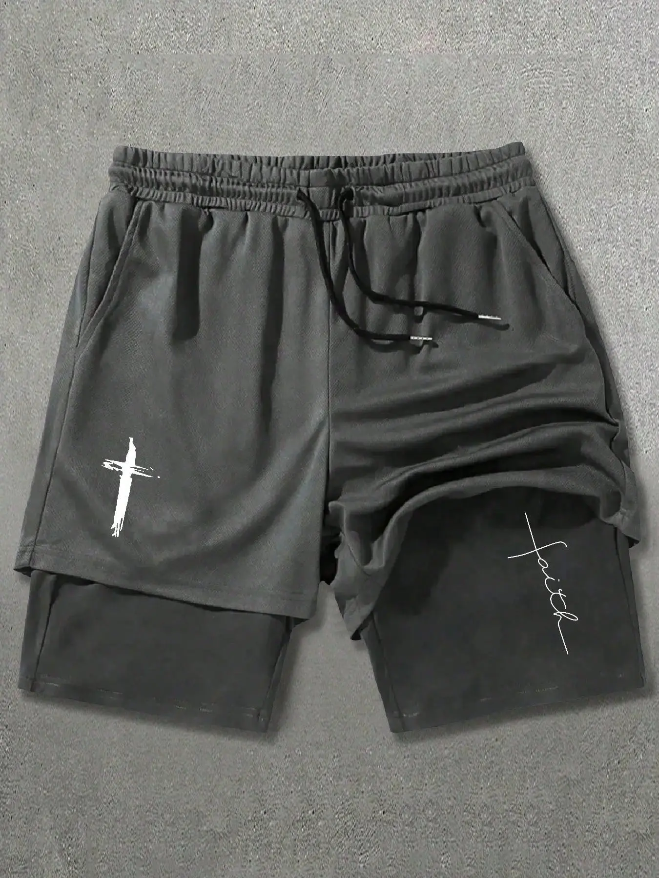 Men's 2 in 1 Gym Workout Fitness Shorts with Compression Liner, Compression Sports Shorts, Faith Cross Printed Double Layer Athletic Shorts for Running, Training - Breathable & Quick Dry, Elastic Waist Shorts