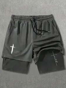 Men's 2 in 1 Gym Workout Shorts with Compression Liner, Faith Cross Printed Double Layer Athletic Shorts for Running, Training & Weightlifting - Breathable & Quick Dry, Athletic Wear Shorts, Elastic Waist Shorts