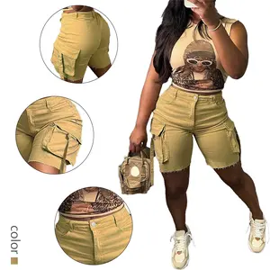 Women's Khaki Cargo Denim Shorts - High Rise Jean Shorts with Frayed Hem & Belt Details