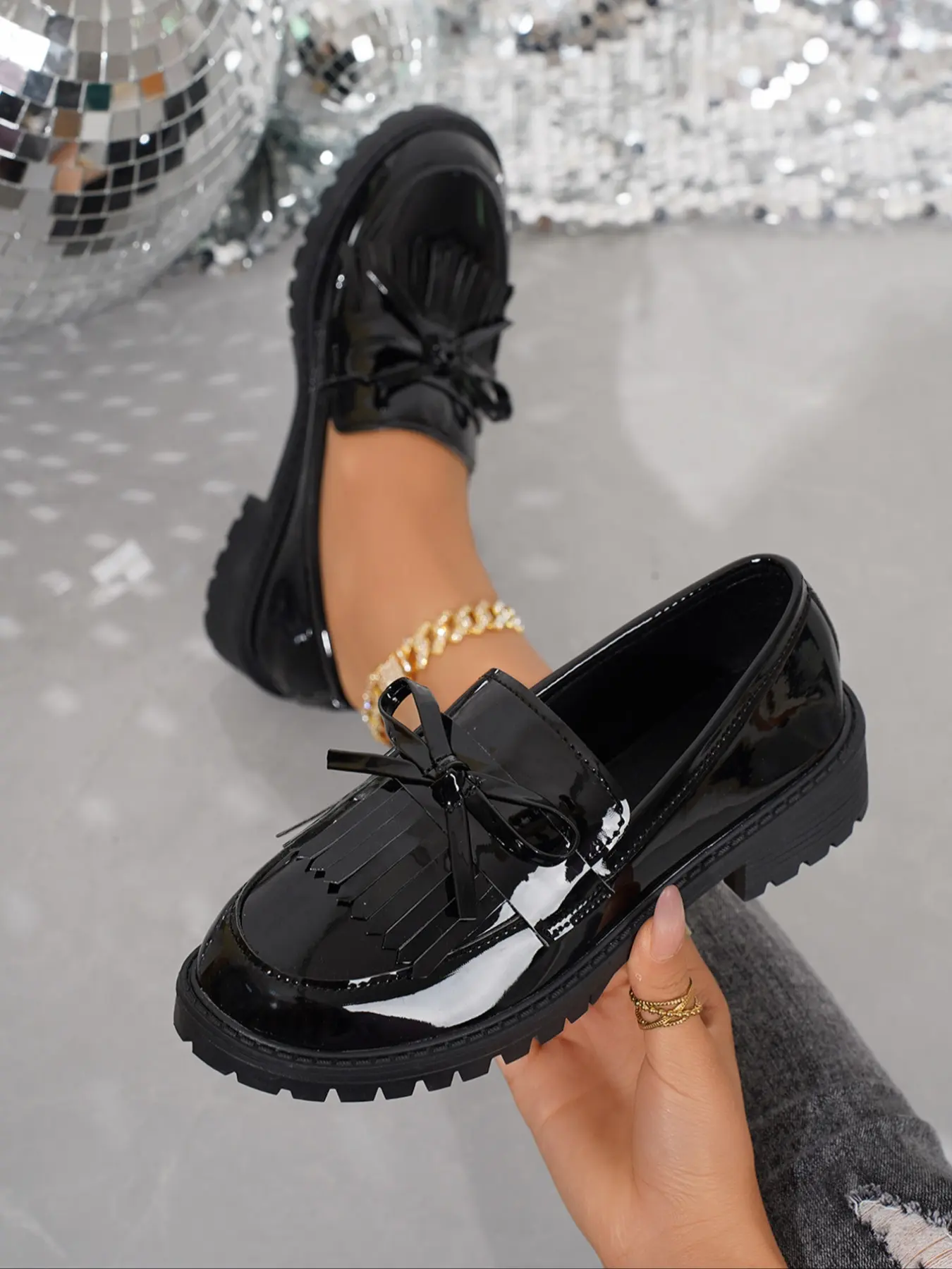 Women's New Vintage Chunky Heel PU Leather Loafers, Fashionable Loafers, Fashion Slip-On Oxford Shoes, Glossy Waterproof Casual Flat Sneakers, Comfortable Soft Style, All Seasons Shoe