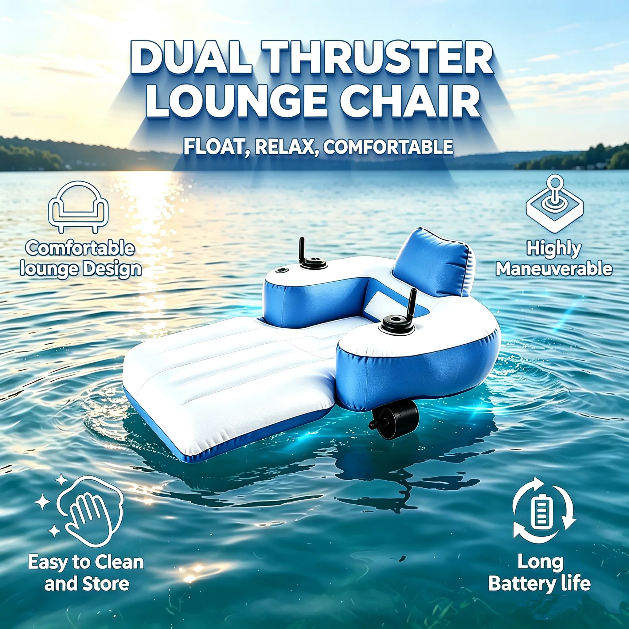Motorized Inflatable Water Lounge Chair with Dual Underwater Thrusters, 360° Steering Electric Floating Pool Recliner, Powered Inflatable Float for Pool & Lake Recreation