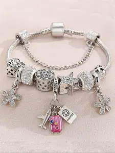 European Style Rhinestone Multi-Pendant Bracelet, Heart Star Flower Charms, Luxury Unique Design, Cross-Border Bestseller Accessory, Elegant Bangle, Alloy Chain Bracelet, Trendy Stack Bangle