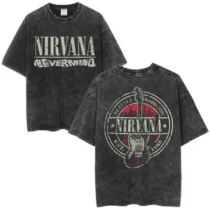 Unisex Nirvana Band Rock Vintage Washed Tee, Double-Sided Big Print American High Street Style, Loose Fit Cotton Crew Neck Short Sleeve Top, Sizes