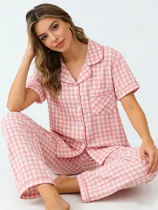 Daily Wear Pink White Gingham Pajama Set for Women, Button Down Short Sleeve Long Pants, Spring Summer Loungewear, Plaid Print, Delicate Cozy Home Outfit, Checkered Lounge Set