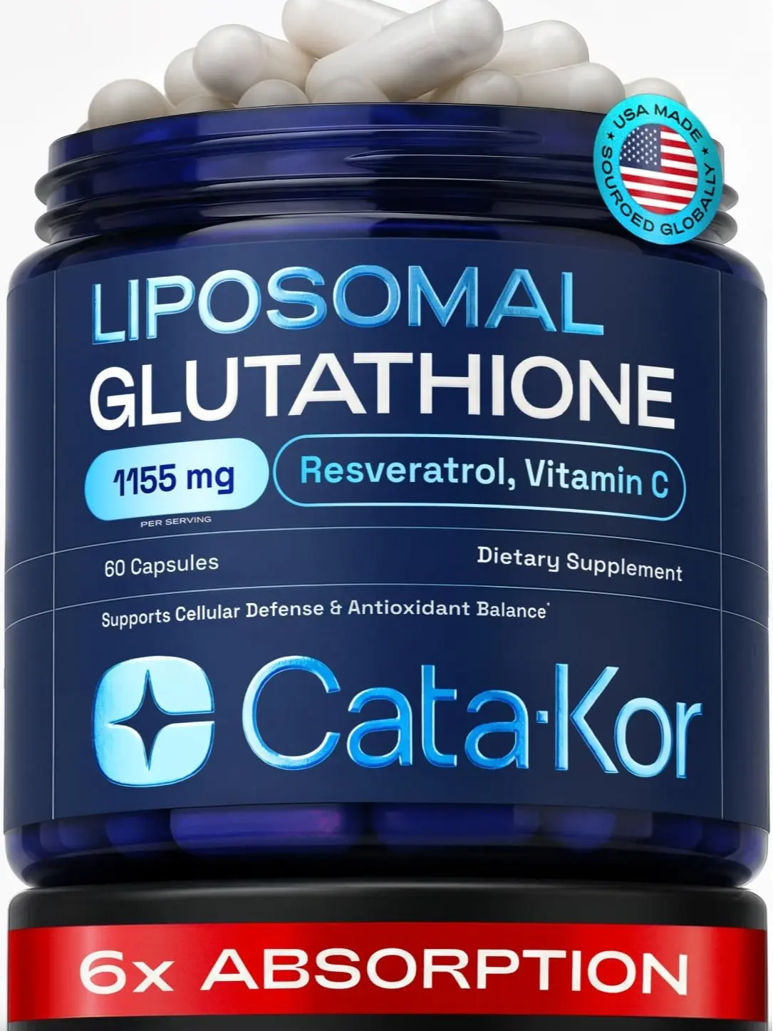 Cata-Kor Liposomal Glutathione 1000mg – Ultra High Absorption with Resveratrol, Vitamin C, Selenium & Vitamin B2 – Antioxidant Support for Immune Support & Healthy Aging – (60 Count (Pack of 1))
