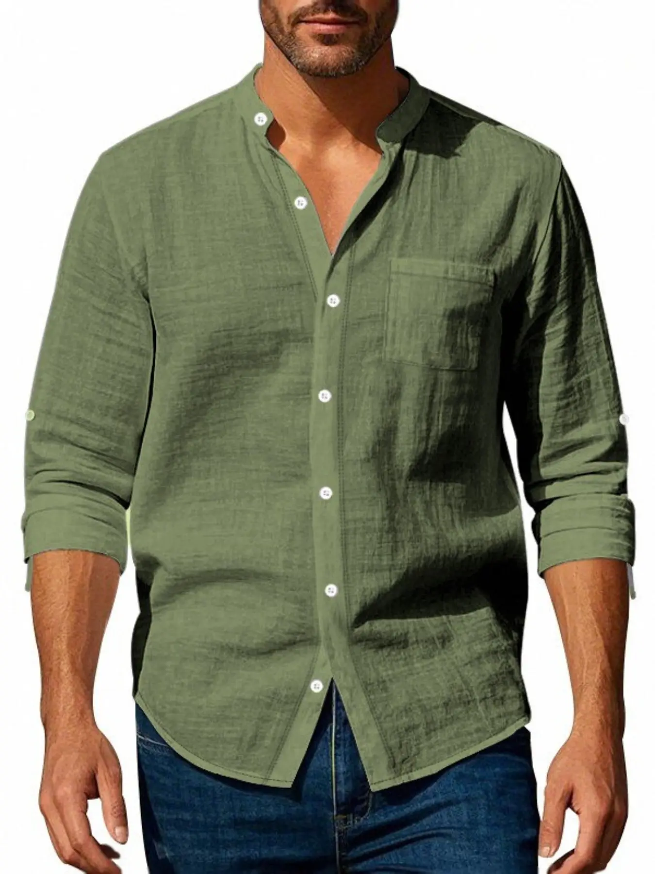 Men's Black Mandarin Collar Fitted Business Casual Shirt Top, Long - Sleeve Linen Blend Fabric, Casual & Formal Wear, Button - Down with Chest Pocket, Chest Pocket, Ideal for Daily & Office, Menswear, Classic Collared Shirts