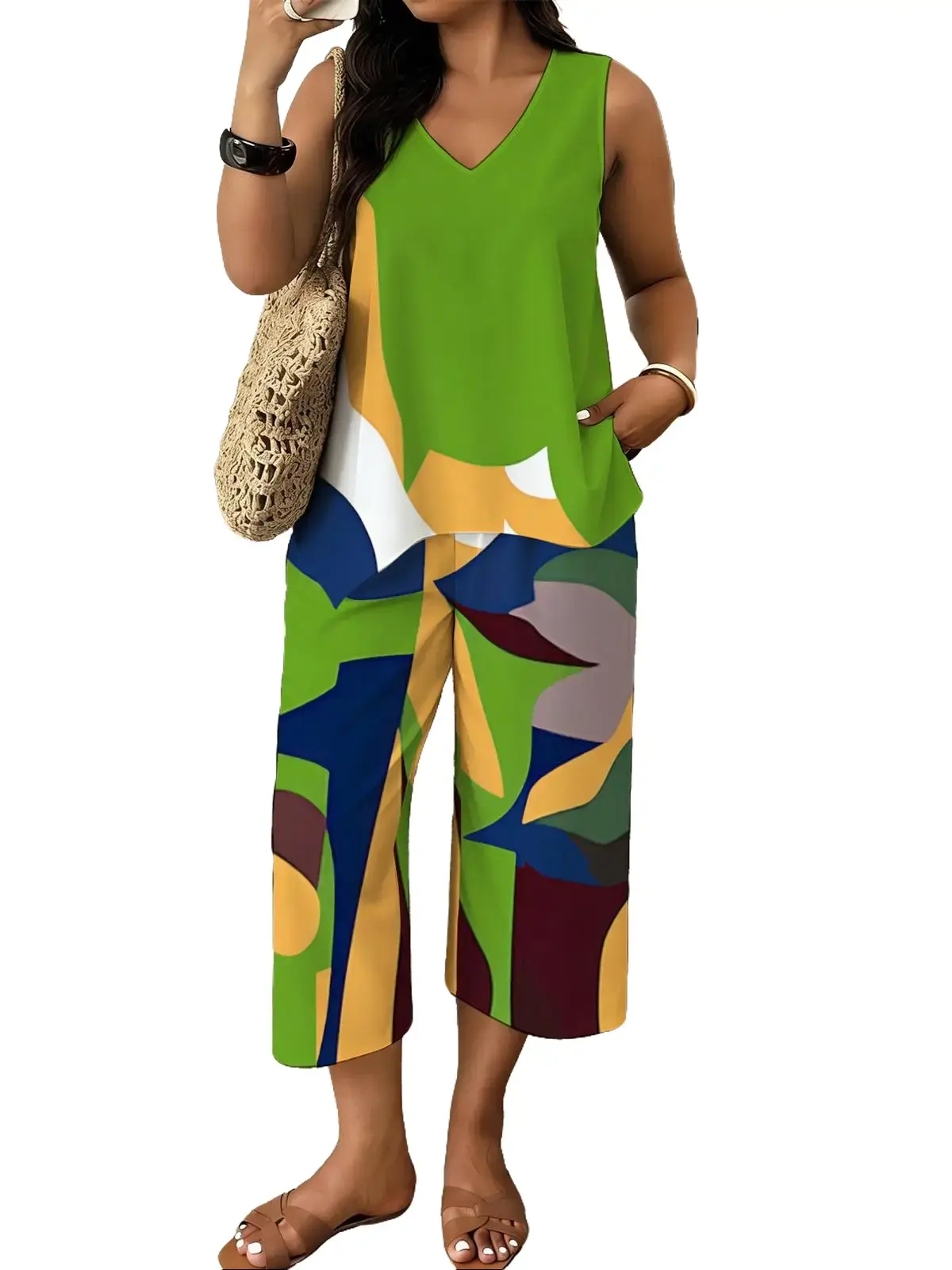 Plus Size Women's Casual 2 Piece Outfit V Neck Sleeveless Flowy Tunic Top with Wide Leg Cropped Pants Color Block Abstract Print Loose Summer Lounge Set