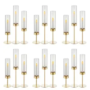VEVOR Hurricane Candle Holders Set of 18, Gold Metal Stand with Clear Glass Cylinders, Elegant Tiered Centerpieces Wind Protection for Wedding, Table Centerpieces, Party, Home Decor, Modern Style