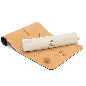 Floele Eco-Friendly Cork Yoga Mat with Non-Slip Design for Men & Women - Helpful Yoga Markings, Lightweight yet Thick for Pilates and Fitness Workouts - Starter Kit with Carrying Strap, Cork Ball and Linen & Cotton Bag Included