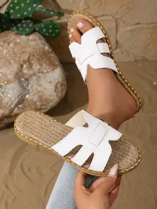 4-color holiday beach slippers for women, fashionable woven design, comfortable flat PU sandals, summer new women's shoes, Boho casual sandals, very suitable for daily wear