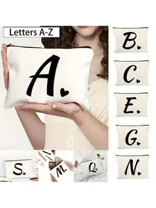 Elegant Makeup Bag with Letters and Heart Design, Foldable and Lightweight, Personalized Initials, Perfect Gift