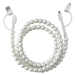 Beaded Phone Charger, USB C Cable for iPhone Charging Cord, 4 in 1 Beaded Charging Cable, 66W Chubby USB A Type C iOS Cable, 3.3FT Stylish Durable Multicolored Fast Charging Cable (White)