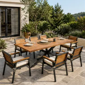 ARCH Modern 7-Piece Dining Set with Acacia Wood Table and 6 Chairs, Iron Frame, Beige Cushioned Seats with Removable Washable Covers, Indoor Outdoor Patio Garden Dining Furniture Set for Family Meals, Beige Color Options, Color: Beige