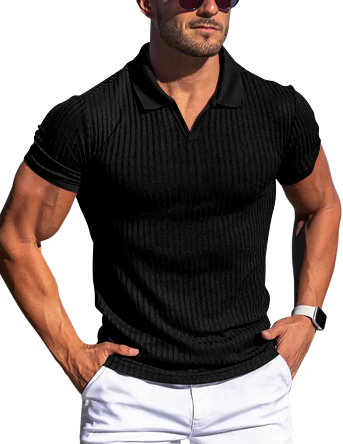 Men's Muscle V Neck Polo Shirts Knit Golf T-Shirts Slim Fit Ribbed Soft Tee Tops