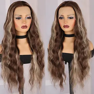Ombre Honey Blonde Wig Long Curly Synthetic Hair Wigs Lace Front Wigs for Women Loose Deep Wave Wig Middle Part Natural Looking Crimps Curls Hair Replacement Wigs for Women