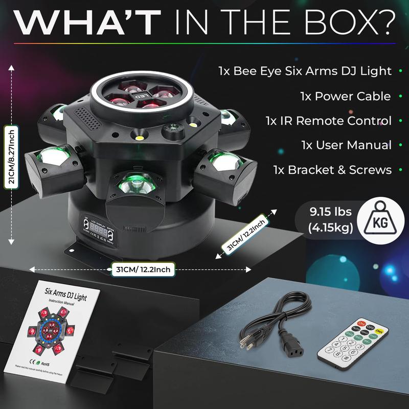 Professional DJ Light 6-Arm 150W Moving Head RGBW Bee-Eye Beam with LED Halo Ring DMX512 26 Channel Laser Starry Sky White Amber Strobe Sound Activated for Events