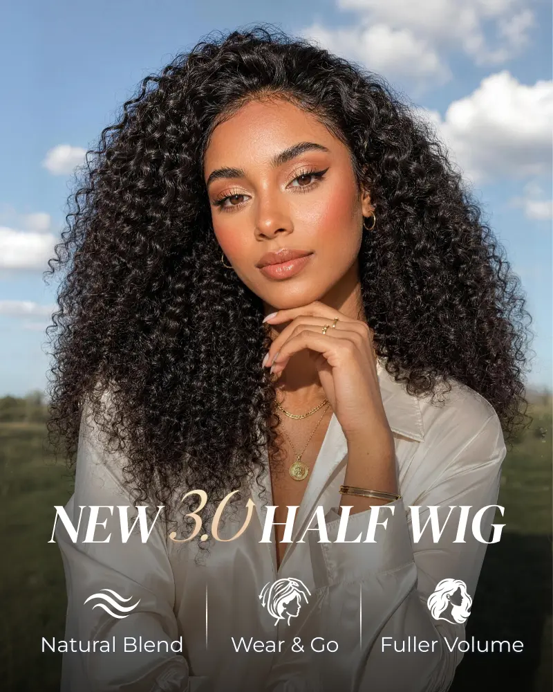 Arabella 250% Density 3 In 1 Half Wig Afro Kinky Curly Wig Real Hairline Invisible Drawstring Natural Black Endless Styles No Glue No Lace Install