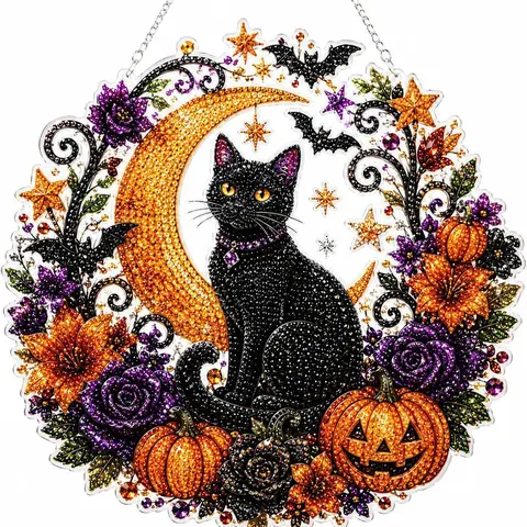 9.84 inches Halloween Diamond Painting Hanging Ornament Kit, Black Cat Moon, Skull & Pumpkin Acrylic Diamond Art Suncatcher, DIY Rhinestone Craft for Adults & Kids,  Window Wall Decor,Thoughtful Halloween gifts for DIY enthusiasts,Christmas gifts