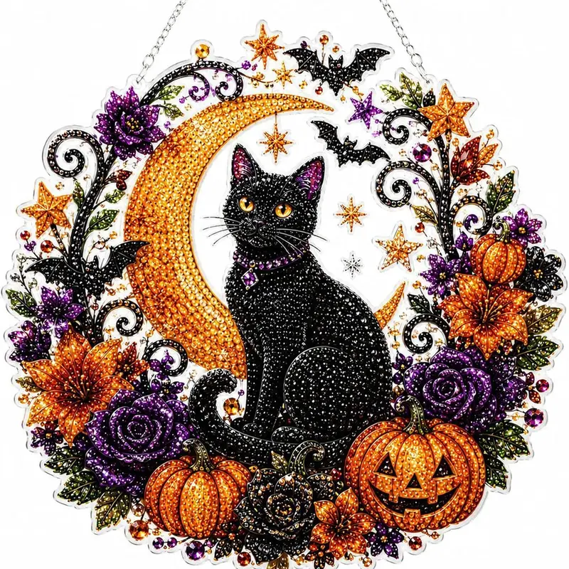 9.84 inches Halloween Diamond Painting Hanging Ornament Kit, Black Cat Moon, Skull & Pumpkin Acrylic Diamond Art Suncatcher, DIY Rhinestone Craft for Adults & Kids,  Window Wall Decor,Thoughtful Halloween gifts for DIY enthusiasts,Christmas gifts