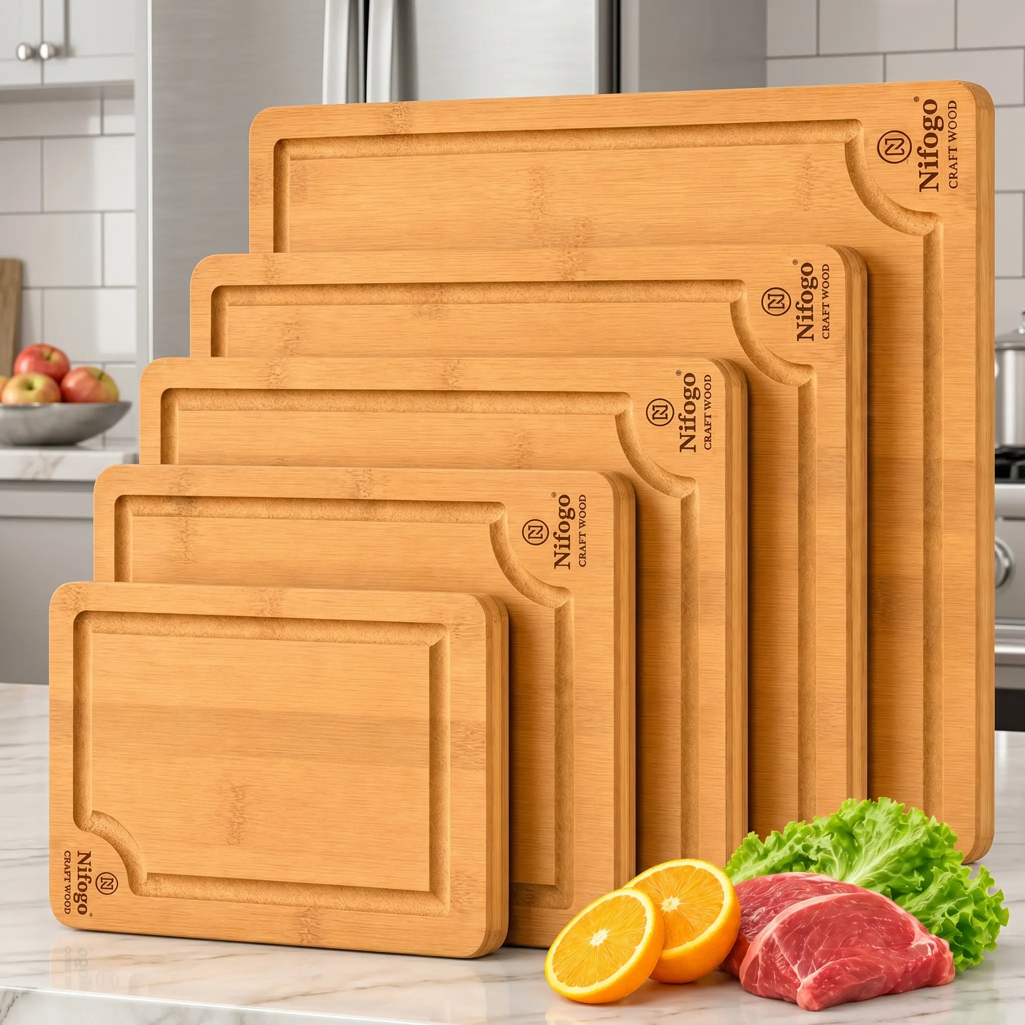5-Piece Extra Large Bamboo Cutting Boards Set for Kitchen, Heavy Duty Cutting Board with Juice Groove, Bamboo Chopping Board Set for Meat, Vegetables - Pre Oiled
