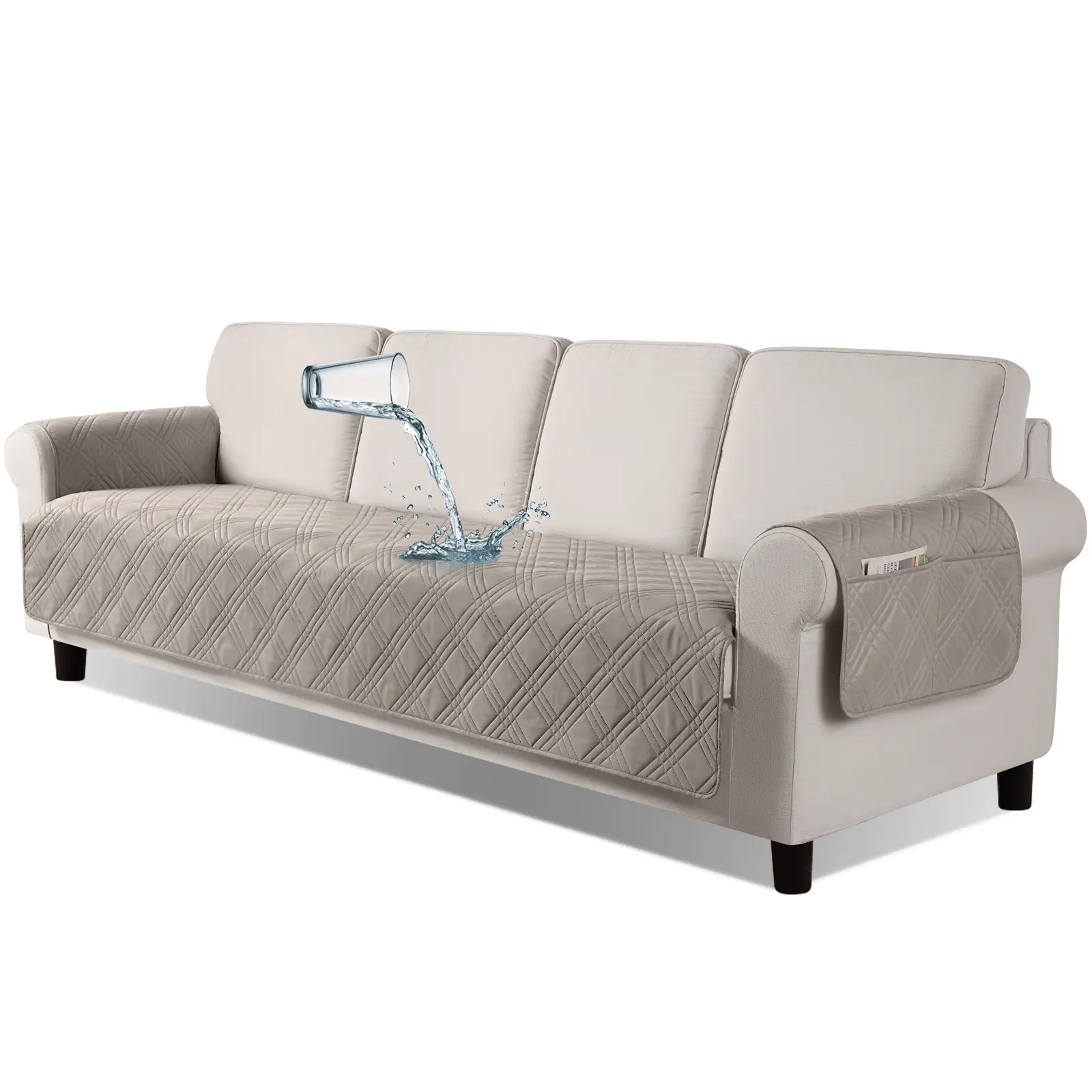 TAOCOCO Waterproof Oversized Sofa Slipcover for Pets, No Backrest Couch Protector with Pockets for 4 Seater