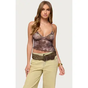 Edikted Women's Embroidered Asymmetric Printed Mesh Top