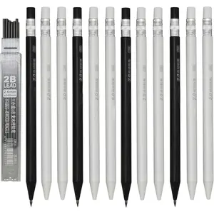 12 count Triangular Pole Mechanical Pencil with Sharpener Novelty Non Sharpening Automatic Pencil with 12 count 2B Lead Refills 2.0 mm Plastic for School Writing Drawing