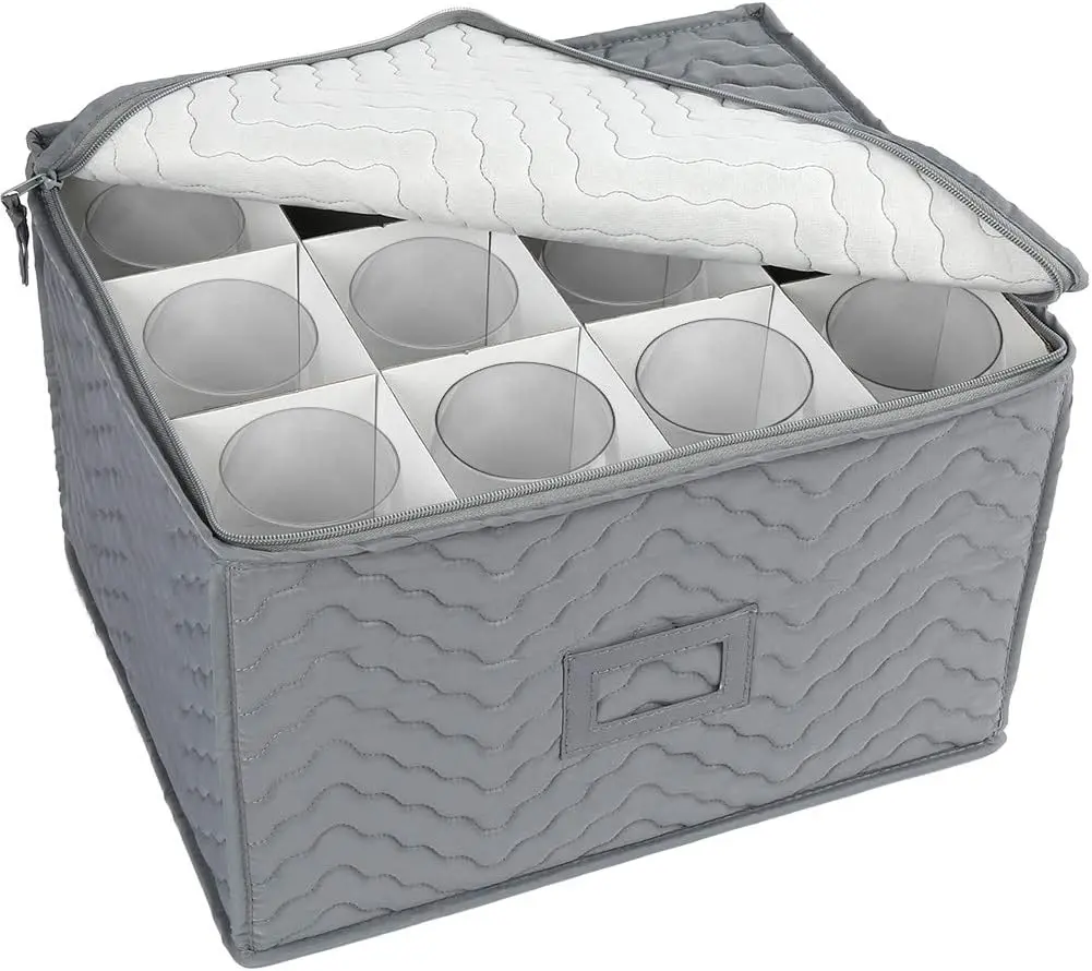 LotFancy Stemware Storage Container - Deluxe Quilted Storage Case with Dividers for 12 - Wine Glasses, Champagne Flutes, Glassware, Drinkware Storage Box Chest, 15.5"x12.5"x 10", Gray